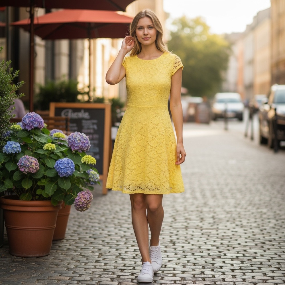 Alfani Petite Yellow Daffodil Lace Midi Dress.